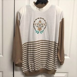 Cusp Brown White Polka Dot Stripe Print Long Sleeve Cotton Shirt Plus 0X NWT